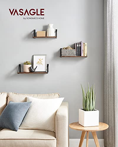 Set of 3 Wall Shelves, Floating Shelves, for Trinkets, Photo Frames, Spice Bottles, Toiletries, in the Living Room, Bedroom, Kitchen, Bathroom, Rustic Brown and Black