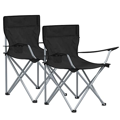 Set of 2 Folding Camping Chairs, Outdoor Chairs with Armrests and Cup Holder, Stable Structure, Max. Capacity 120 kg