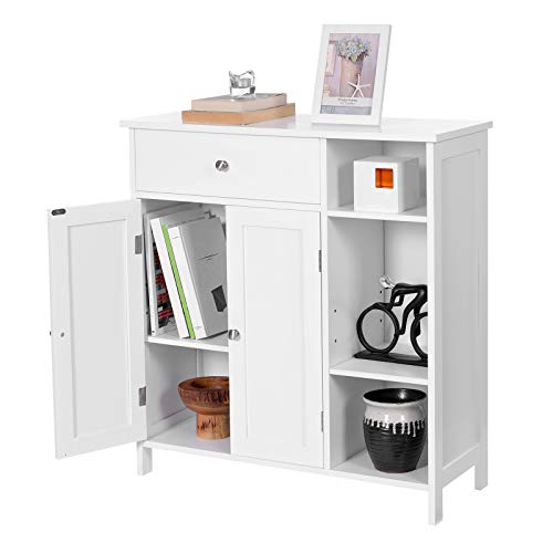 Bathroom Floor Cabinet, Storage Organiser Unit, Cupboard with Drawer, 3 Open Compartments, Adjustable Shelves, 2 Doors, 75 x 30 x 80 cm, Scandinavian Nordic Style, Matte White