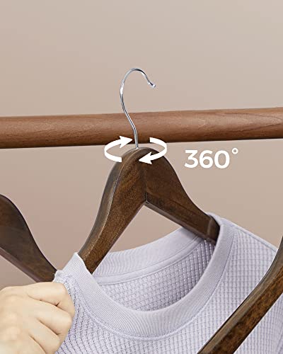 Wooden Hangers, Set of 20, Coat Hangers, Clothes Hangers, with Shoulder Notches, Anti-Slip Trousers Bar, 360° Swivel Hook, for Suits, Shirts, Coats, Dark Walnut and Silver