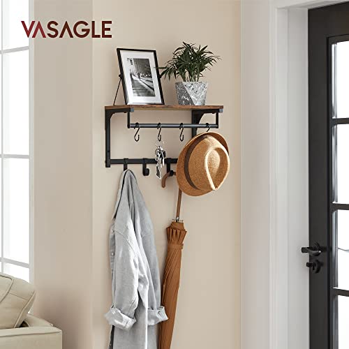 Wall Mounted Coat Rack, Wall Shelf with 8 Removable Hooks, Wall Mounted Hanging Shelf with Clothes Rail, for Hallway, Bedroom, Vintage Brown/Black