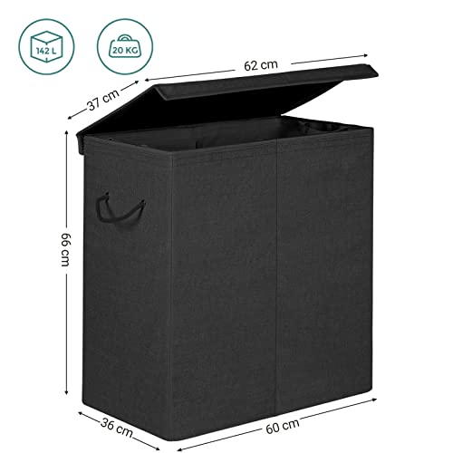 142L Laundry Hamper, Linenette Fabric Laundry Basket, Divided Clothes Hamper with Magnetic Lid and Handles, Foldable, Removable Liner Bag, Black