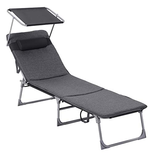 Sun Lounger, Reclining Chair, with 3 cm Thick Mattress, Headrest, Reclining Backrest, Sunshade, Foldable, 53 x 193 x 29.5 cm, Load Capacity 150 kg, for Garden, Patio, Dark Grey