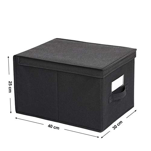 Set of 3 Foldable Storage Boxes with Lids, Fabric Cubes with Label Holders, Storage Bins Organiser, 40 x 30 x 25 cm, Black