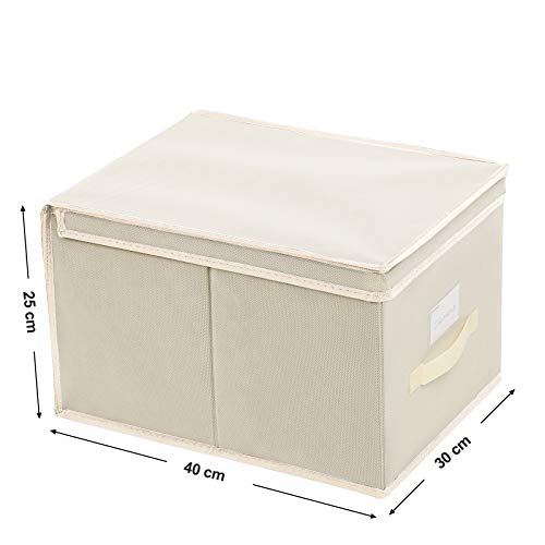 Set of 3 Foldable Storage Boxes with Lids, Fabric Cubes with Label Holders, Storage Bins Organiser, 40 x 30 x 25 cm, Beige