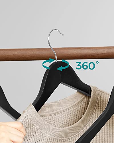 Wooden Hangers, Set of 20, Coat Hangers, Clothes Hangers, with Shoulder Notches, Anti-Slip Trousers Bar, 360° Swivel Hook, for Suits, Shirts, Coats, Black and Silver