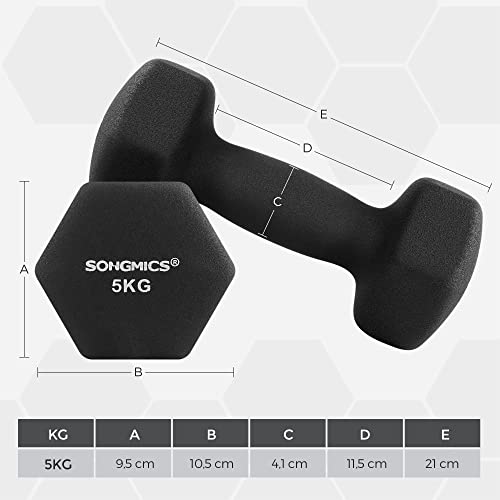 Set of 2 Dumbbells, 2 x 5 kg, Neoprene Hand Weights, Non-Slip Grip, Fitness Workouts, Black