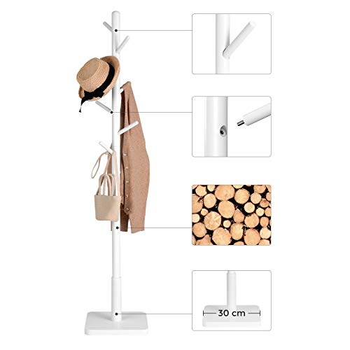 Coat Rack, Solid Wood Coat Stand, Free Standing Hall Coat Tree with 8 Hooks for Coats, Hats, Bags, Purses, for Entryway, Hallway, Rubberwood Hooks and Pole, White