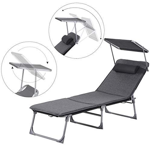 Sun Lounger, Reclining Chair, with 3 cm Thick Mattress, Headrest, Reclining Backrest, Sunshade, Foldable, 53 x 193 x 29.5 cm, Load Capacity 150 kg, for Garden, Patio, Dark Grey