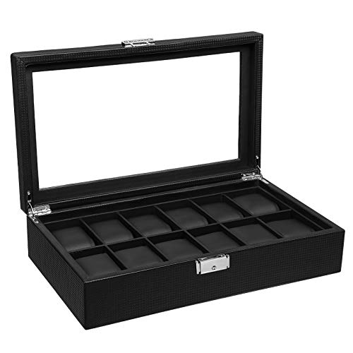 watch box with 12 compartments, large watch box with glass lid, PU cover, velvet lining, metal clasp, great gift for loved ones, 36.2 x 9 x 21.3 cm, black