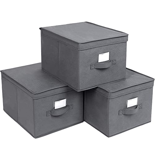 Set of 3 Foldable Storage Boxes with Lids, Fabric Cubes with Label Holders, Storage Bins Organiser, 40 x 30 x 25 cm, Grey