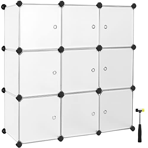 9-Cube Storage Organiser Unit, Plastic Closet with Doors, Modular Cabinet for Clothes, Shoes, Toys, Books, Easy to Assemble, White