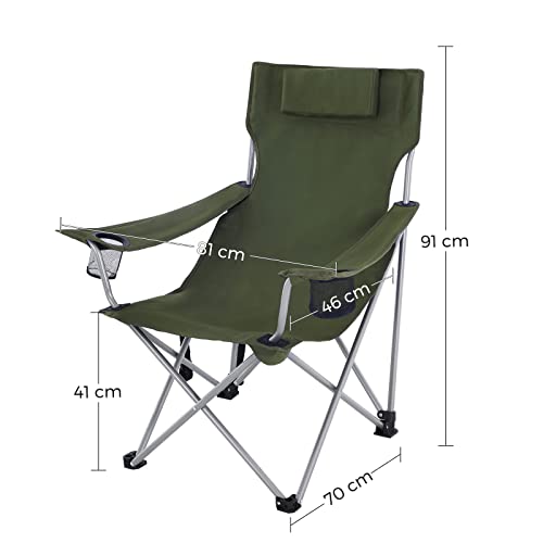 Folding Camping Chair, Outdoor Chair with Armrests, Headrest and Cup Holder, Stable Structure, Max. Capacity 150 kg, Green