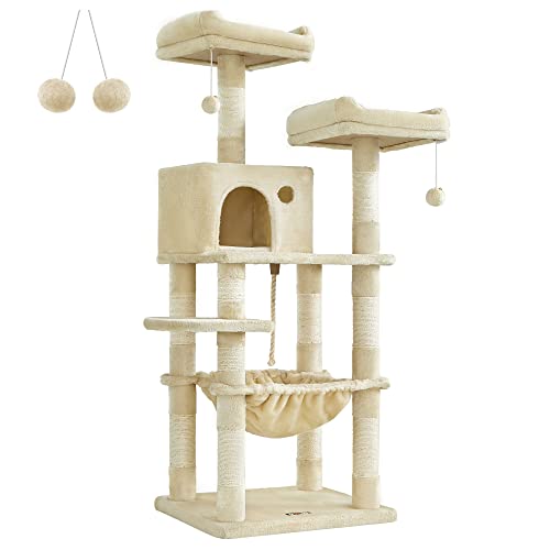 Cat Tree, Stable Cat Tower, 2 Plush Perches, 143cm, Beige