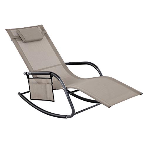 Sun Lounger, Garden Chair, Rocking Chair with Headrest and Side Pocket, Iron Structure, Breathable Synthetic, Comfortable, Max. Load Capacity 150 kg, Brown