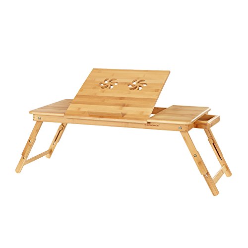 Bamboo Laptop Desk, Foldable Bed Table, for Left-hander, Right-hander, Height Adjustable Sofa Tray, 72 x (21-29) x 35 cm (B x H x T), with 5 Tilting Angles, Air Holes, Small Drawer