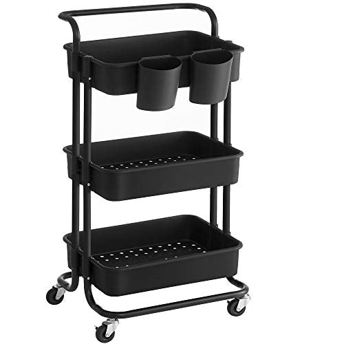 Rolling Cart, 3-Tier Storage Cart, Storage Trolley with Handle 2 Small Organisers, Steel Frame, Plastic Baskets, Utility Cart, Easy Assembly, for Bathroom Laundry Room, Black