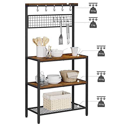 Industrial Kitchen Baker's Rack, Kitchen Unit with Storage Shelves, 10 Hooks and Metal Mesh Shelf, Microwave Oven Utensils Shelf, 84 x 40 x 170 cm, Rustic Brown