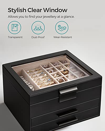 Jewellery Box with Glass Lid, 3-Layer Jewellery Organiser with 2 Drawers, Jewellery Storage, Plenty of Storage Space, Modern Style, Gift for Loved Ones, Graphite Black and Silver