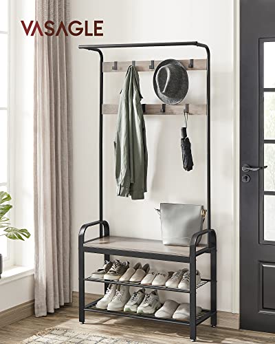 Coat Stand, Shoe Rack with Seat, Clothes Rack with 9 Removable Hooks, Bench, 2 Grid Shelves, 183 cm High, Industrial Design, Greige Black