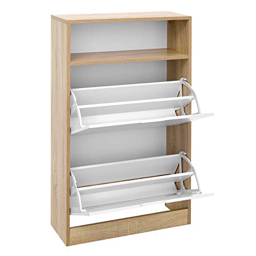 Shoe Cabinet with 2 Flaps, Shoe Rack with an Open Shelf, Melamine Veneer, Easy to Clean, 60 x 24 x 102 cm, White and Natural