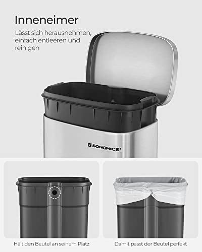 Kitchen Rubbish Bin, Pedal Trash Can 30L, with Plastic Inner Bucket, Hinged Lid, Soft Closure, Odour Proof and Hygienic, Silver Colour