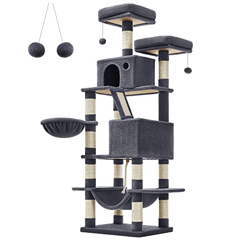 Large Cat Scratching Post M Cat Scratching Post 168 cm High Cat Tree with 13 Scratching Posts 1 Scratching Ramp 2 Platforms 2 Caves Basket Hammock Pompoms for Large Cats Smoke Grey