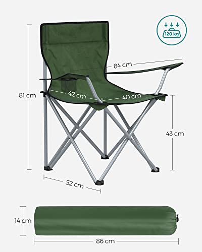 Folding Camping Chairs, Set of 2 Outdoor Chair, with Armrests, Cup Holder, Portable, 120 kg Capacity, for Camping, Garden, Fishing, Beach, Balcony, Military Green