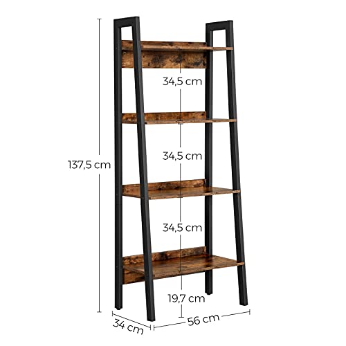 Ladder Shelf, 4-Tier Home Office Bookshelf, Freestanding Storage Shelves, for Living Room Bedroom Kitchen Balcony, Metal Frame, Easy to Assemble, Industrial, Rustic Brown and Black