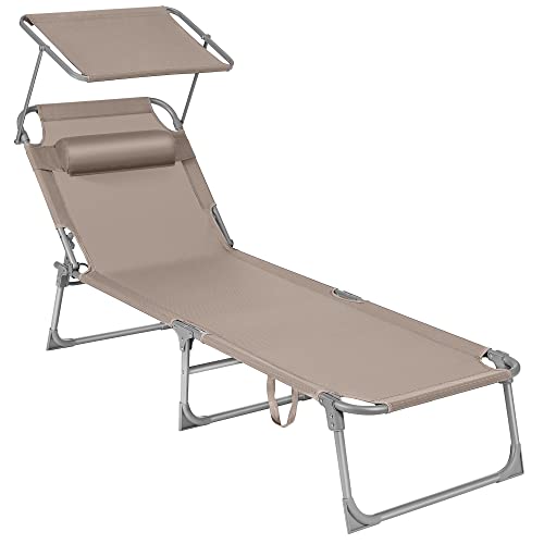 Sun Lounger, Sunbed, Reclining Sun Chair, with Headrest, Adjustable Backrest, Sunshade, Lightweight, Foldable, 53 x 193 x 29.5 cm, Load Capacity 150 kg, for Garden, Taupe 