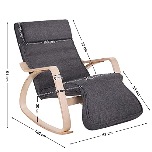 Rocking Chair with 5-Way Adjustable Footrest, Lounger, Maximum Load 150 kg, Birch Wood Frame, Faux Linen, Dark Grey