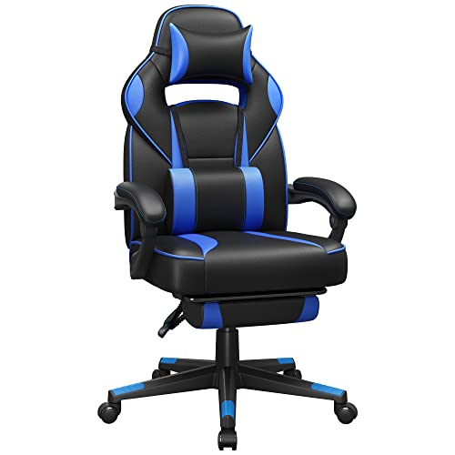 Gaming Chair Desk Chair with Footrest, Office Chair with Headrest and Lumbar Cushion, Height-Adjustable, Ergonomic, 90-135° Tilt Angle, Load 150 kg Black + Blue