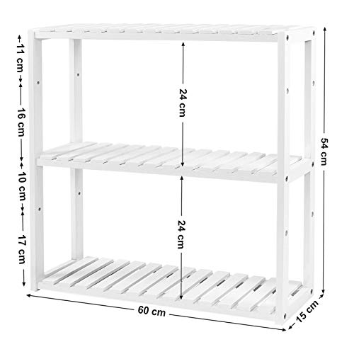 Bamboo Shelf, Height Adjustable, 3 Tier Shelf, 60 x 15 x 54 cm, for Bathroom, Wall, Kitchen, Books, White