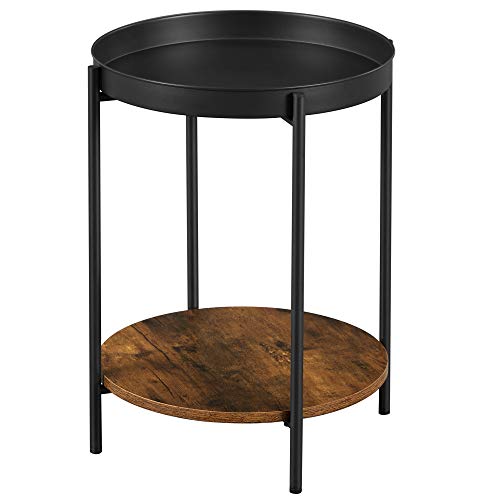 2-Tier Side Table, End Table with Movable Tray, Coffee Table, Steel Frame, for Living Room, Bedroom, Rustic Brown and Black