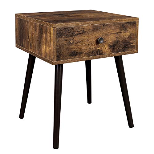 Nightstand, End Table, Sofa Side Table with a Drawer and Tapered Legs, Retro Style, Rustic Brown