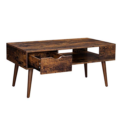 Coffee Table with Storage, Drawer, Open Compartment, Long Legs, for Living Room, Dining Room, 100 x 50 x 45 cm, Rustic Brown