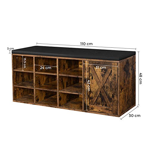 Shoe Bench Storage Cabinet Shoe Rack with 9 Open Compartments and a Cupboard with Padding 110 x 30 x 48 cm Rustic Door Vintage Brown