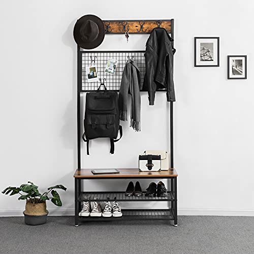 Coat Rack Stand, Industrial Shoe Rack and Bench with Grid Memo Board, 9 Hooks, and Storage Shelves, Hall Tree with Stable Metal Frame, Rustic Brown