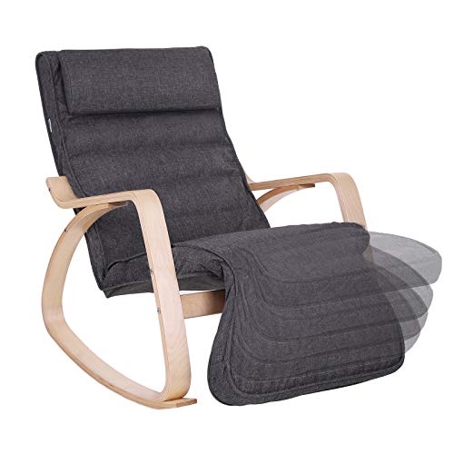 Rocking Chair with 5-Way Adjustable Footrest, Lounger, Maximum Load 150 kg, Birch Wood Frame, Faux Linen, Dark Grey