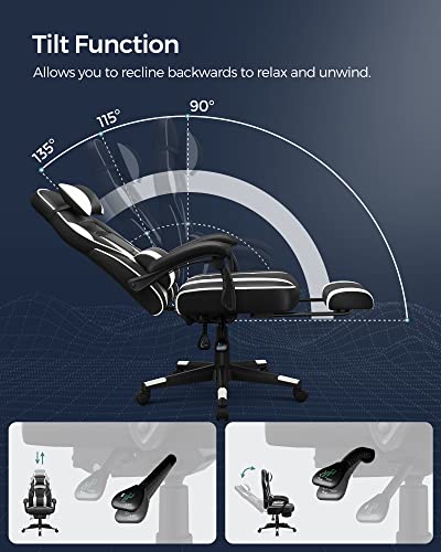 Racing Gaming Chair, Adjustable Office Chair with Footrest, Ergonomic Design, Tilt Mechanism, Headrest, Lumbar Support, 150 kg Weight Capacity, Black and White