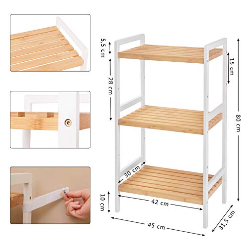 3-Tier Bamboo Storage Rack for Bathroom, Kitchen, Bedroom, 45 x 31.5 x 80 cm Natural Grain and White