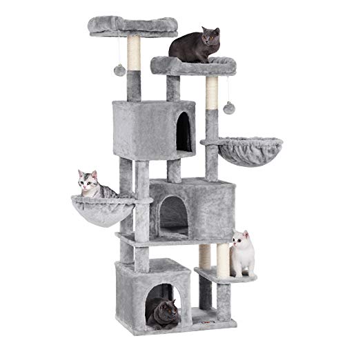 Large Cat Tree with 3 Cat Caves, 164 cm Cat Tower, Light Grey