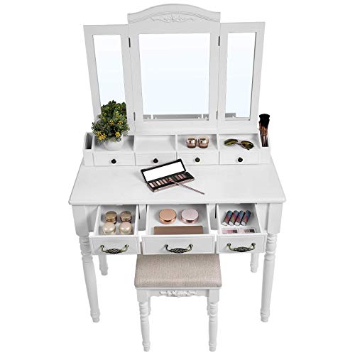 Dressing table with 7 Drawers, Makeup Table with Tri-Fold Necklace Hooked Mirror, 2 Brush Slots and 4 Open Compartments, Solid Wood Legs, Cushioned Stool, White