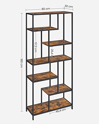 Bookshelf, 6-Tier Bookcase, Geometric Display Shelf, Standing Storage Shelf, 30 x 80 x 180 cm, for Study, Office, Living Room, Bedroom, Kitchen, Rustic Brown and Black