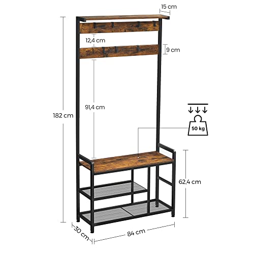 Coat Rack, Hall Tree with 8 Hooks, Shoe Bench, Storage Shelves, for Entryway, Bedroom, Steel Frame, Industrial Style, Rustic Brown and Black