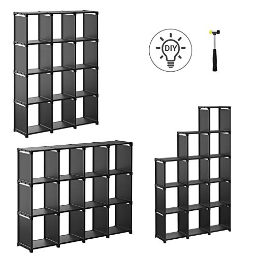 Cube Storage, 12-Cube Bookcase, DIY Closet Organiser, Storage Shelf in Living Room, Children’s Room, Bathroom, 105 x 30 x 140 cm, Includes Rubber Mallet, Black