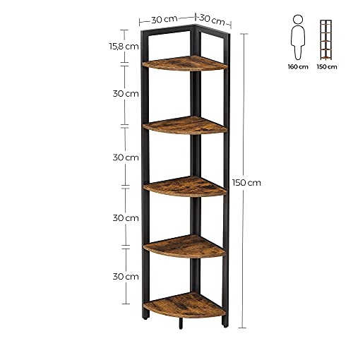 5-Tier Corner Shelf, Multipurpose Storage Shelf, Plant Stand, 30 x 30 x 150 cm, Industrial, for Living Room, Bedroom, Home Office, Rustic Brown and Black