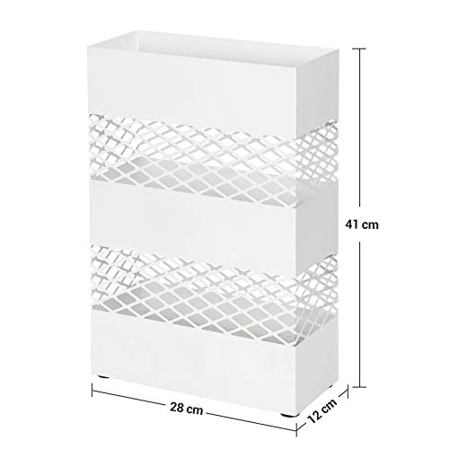 Metal Umbrella Holder, Umbrella Stand, 28 x 12 x 41 cm, Rectangular with Water Tray, Openwork Design, White