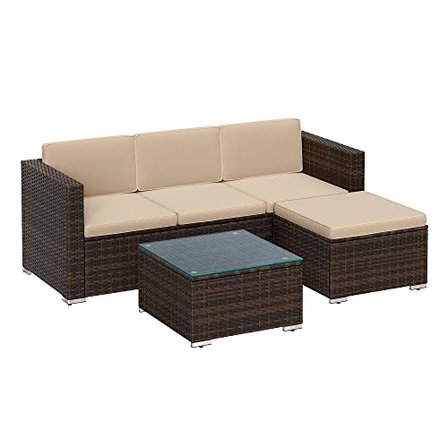 Balcony Furniture Garden Furniture Set PE Polyrattan Lounge Set with Cushions and Glass Table Patio Furniture Corner Sofa Outdoor for Patio Balcony Garden Brown Taupe