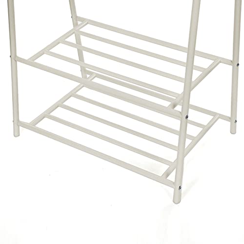 Coat Rack, Coat Stand, Clothes Rack with 2-Tier Storage Shelf for Shoes and Baskets, Metal Frame, Space-saving, Ideal for Bedroom, Entryway, Office and More, White